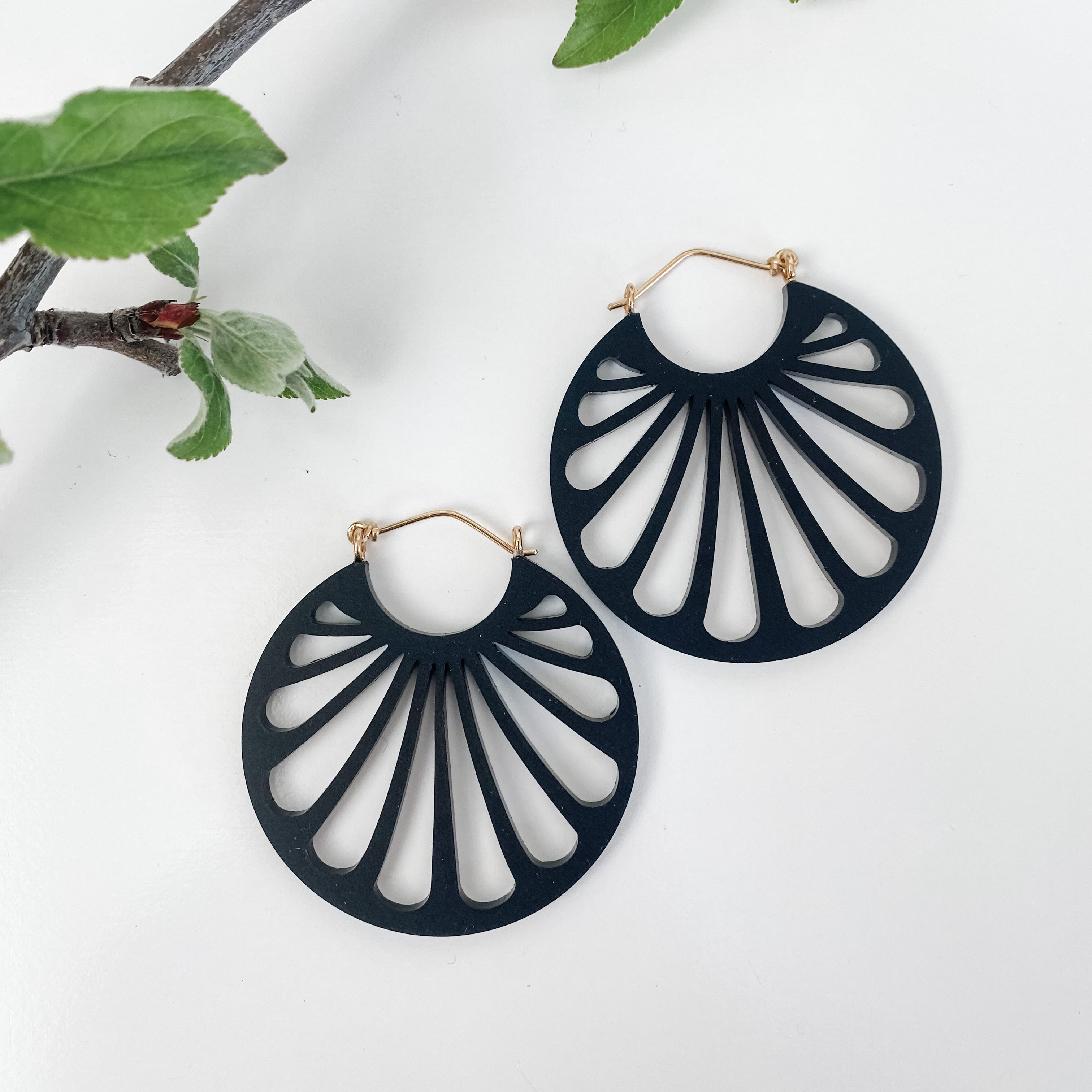 Erté hoop earrings in matte black acrylic with gold-fill ear wires / size small or medium / lightweight earrings