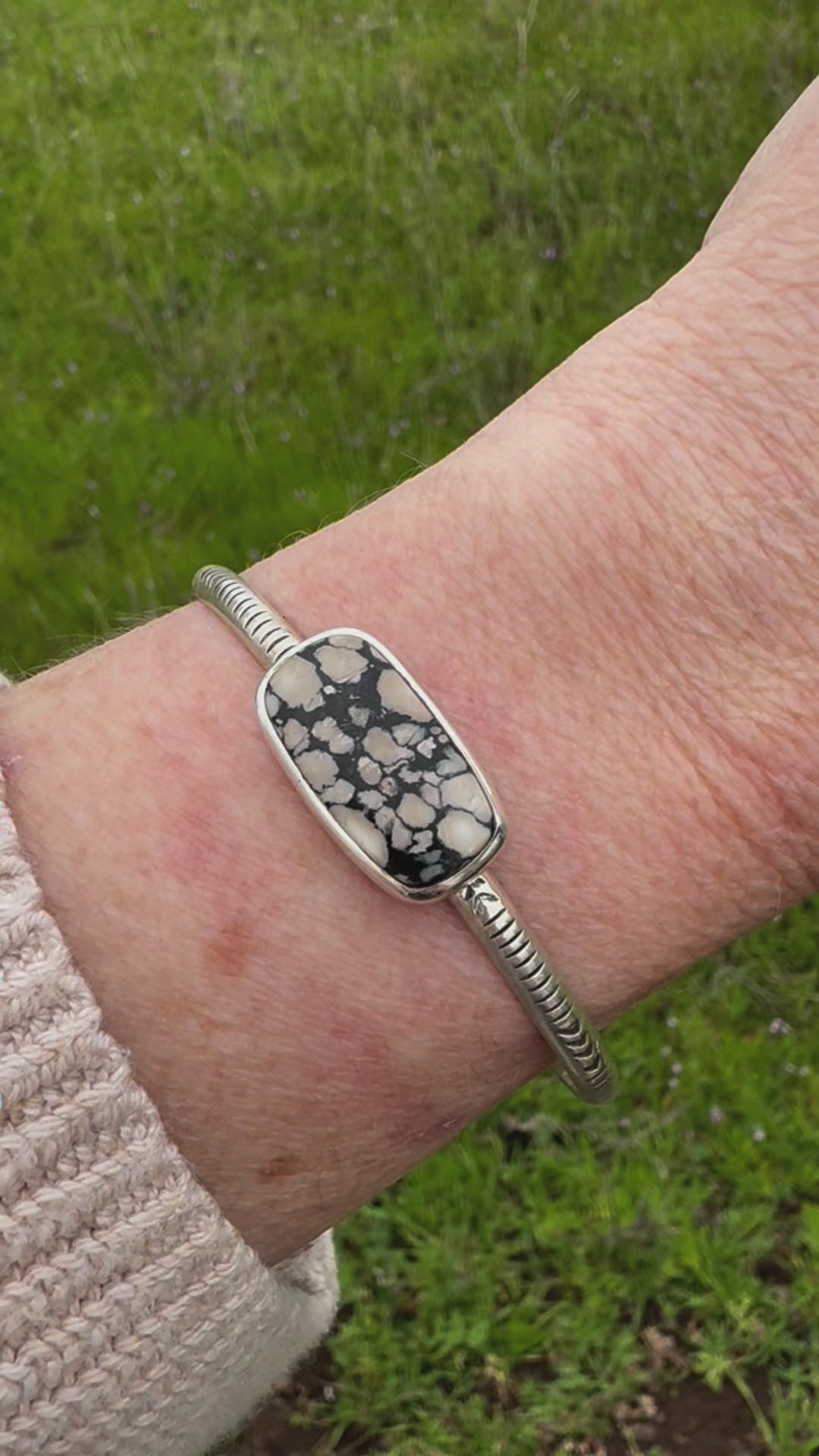 Stamped Sterling Stacker cuff with Dolamite stone