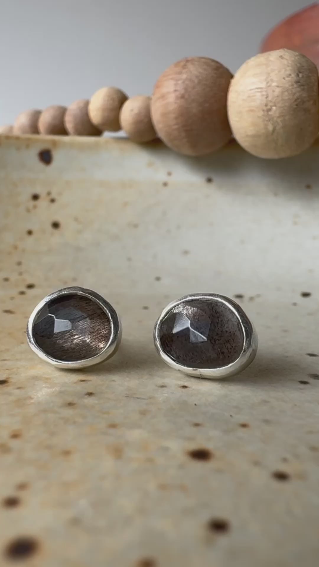 Faceted Chocolate Moonstone stud earrings set in Sterling silver