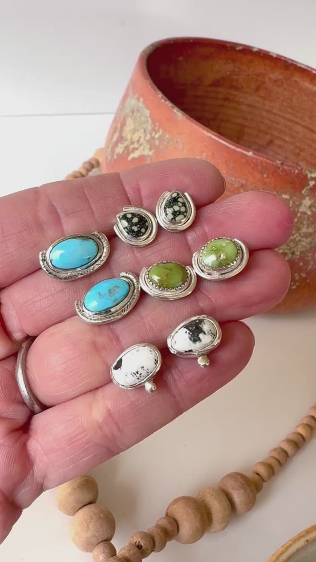 Neo Deco Turquoise Stud in Sterling Silver With bright green Sonoran Gold turquoise stones