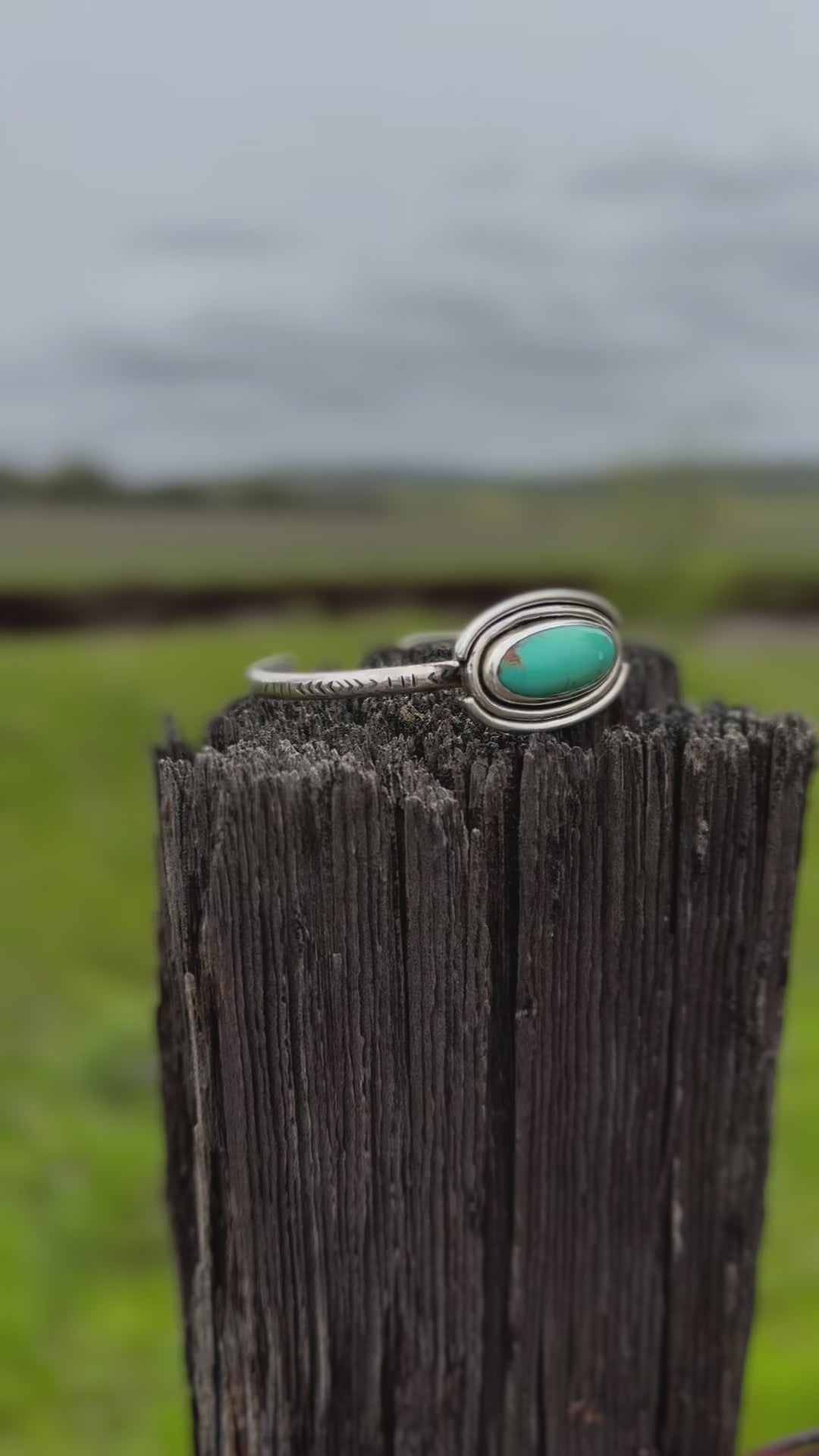 Neo Deco Stamped Sterling Stacker cuff with Timberline turquoise stone