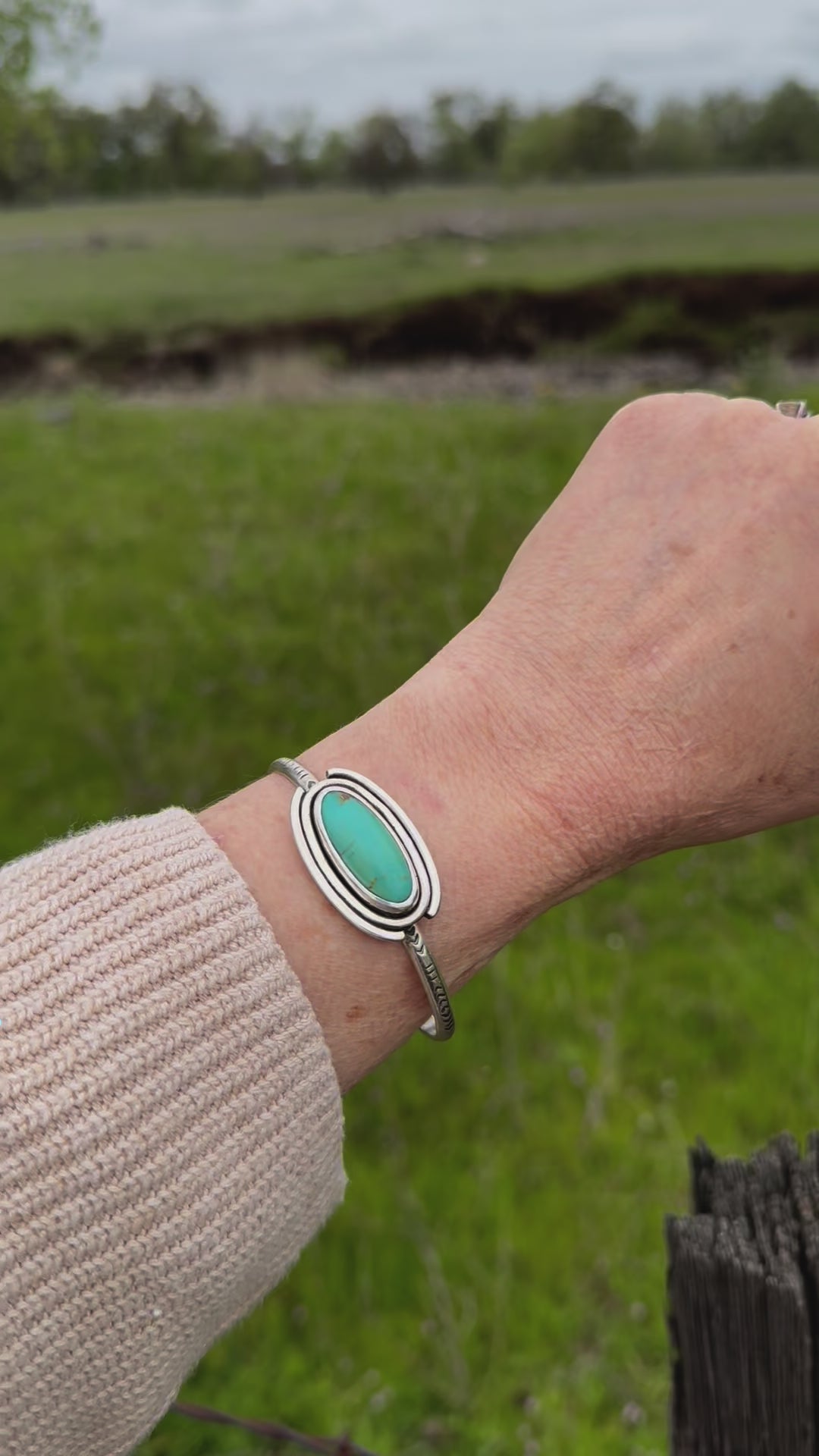 Neo Deco Stamped Sterling Stacker cuff with Timberline turquoise stone