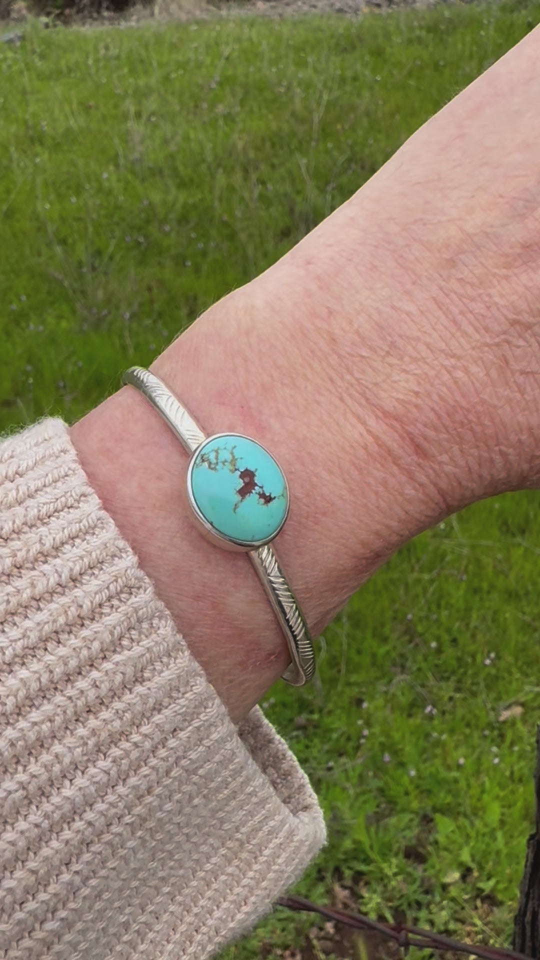 Stamped Sterling Stacker cuff with Golden Hills turquoise