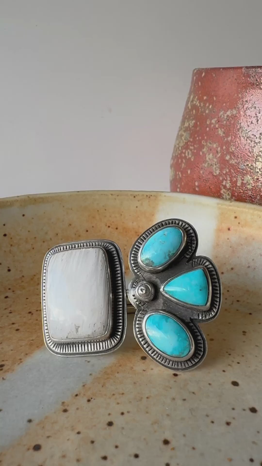 Double Time, Split-Shank Ring with Sonoran Turquoise stones and Scolecite