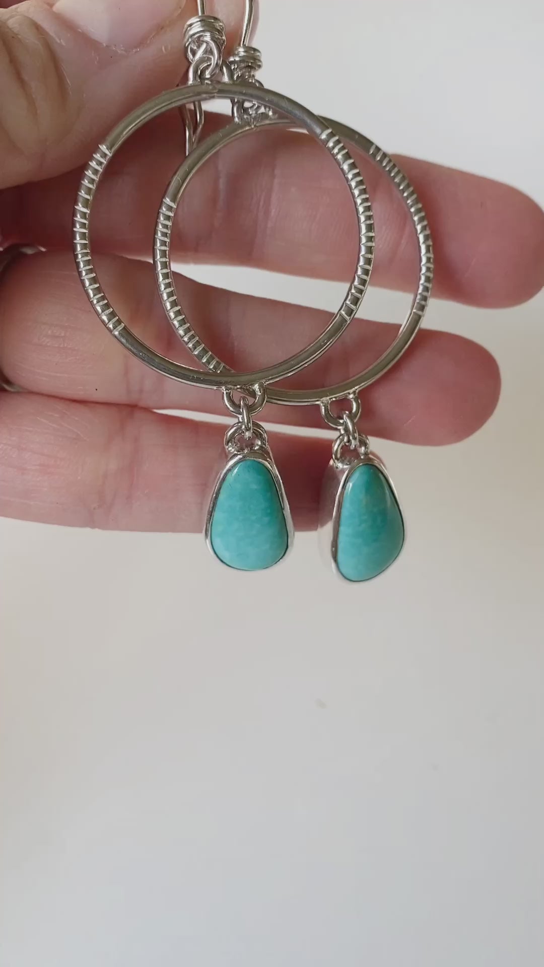 Stamped Drop-Hoop earrings in Sterling Silver with Kingman Turquoise stones