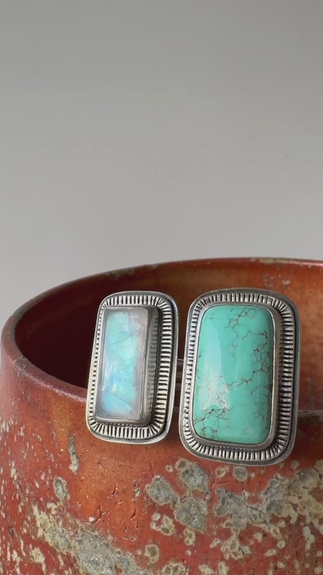 Double Time, Split-Shank Ring with Timberline Turquoise and flashy, Rainbow Moonstone