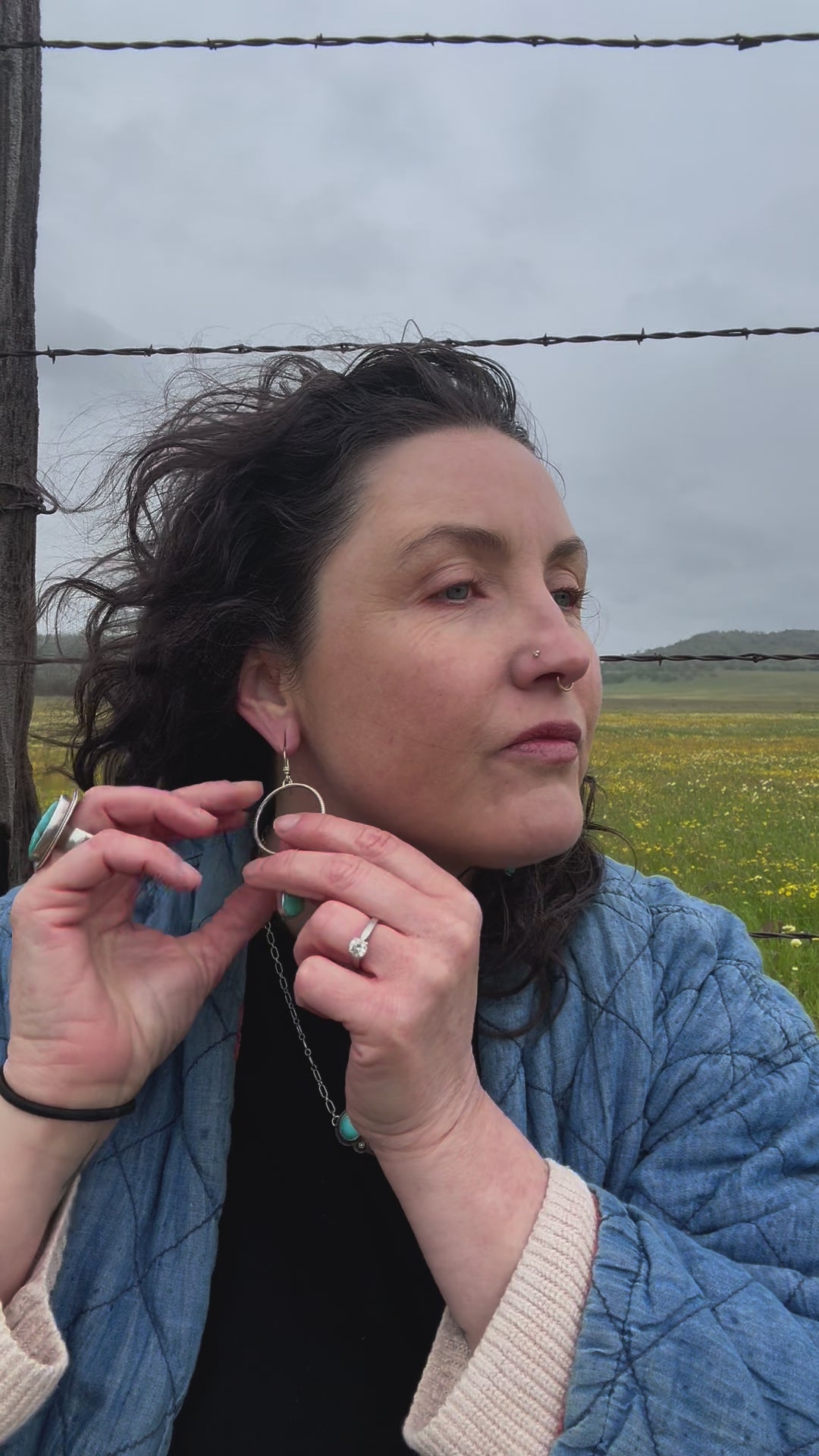 Stamped Drop-Hoop earrings in Sterling Silver with Kingman Turquoise stones