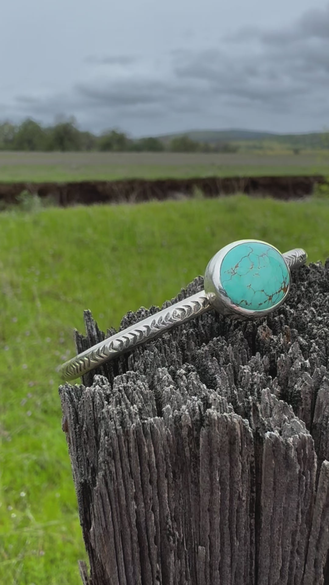 Stamped Sterling Stacker cuff with Timberline Turquoise