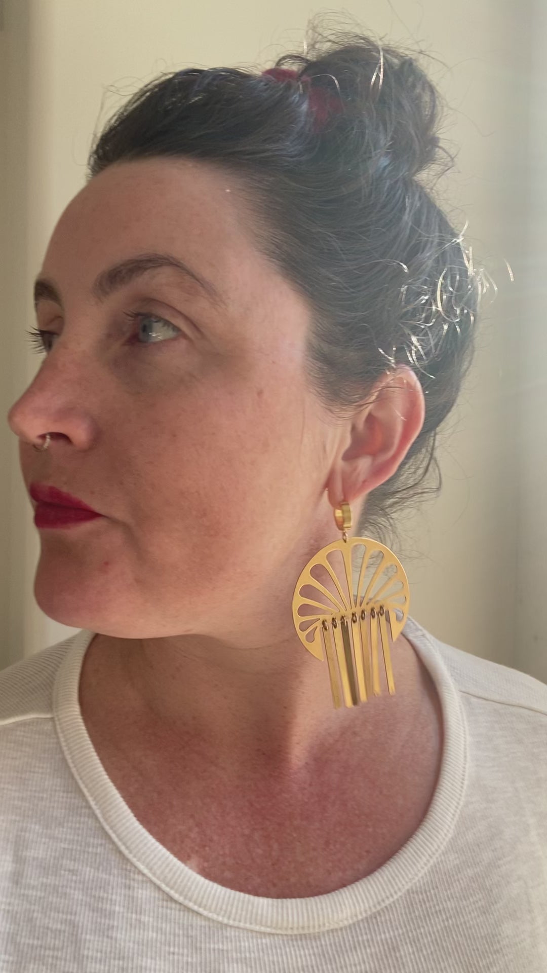 Big, bold brass Erte Fan Fringe earrings with gold-plated Stainless, huggie hoop closures