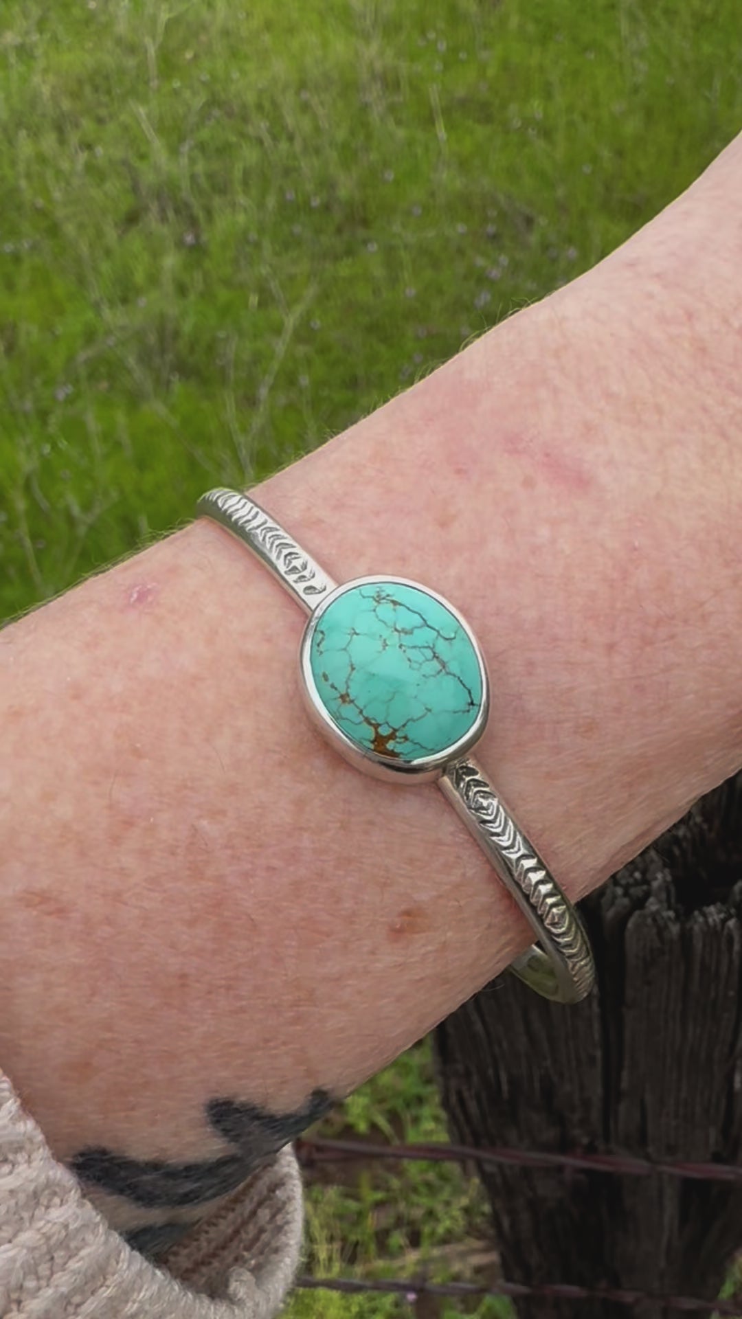 Stamped Sterling Stacker cuff with Timberline Turquoise