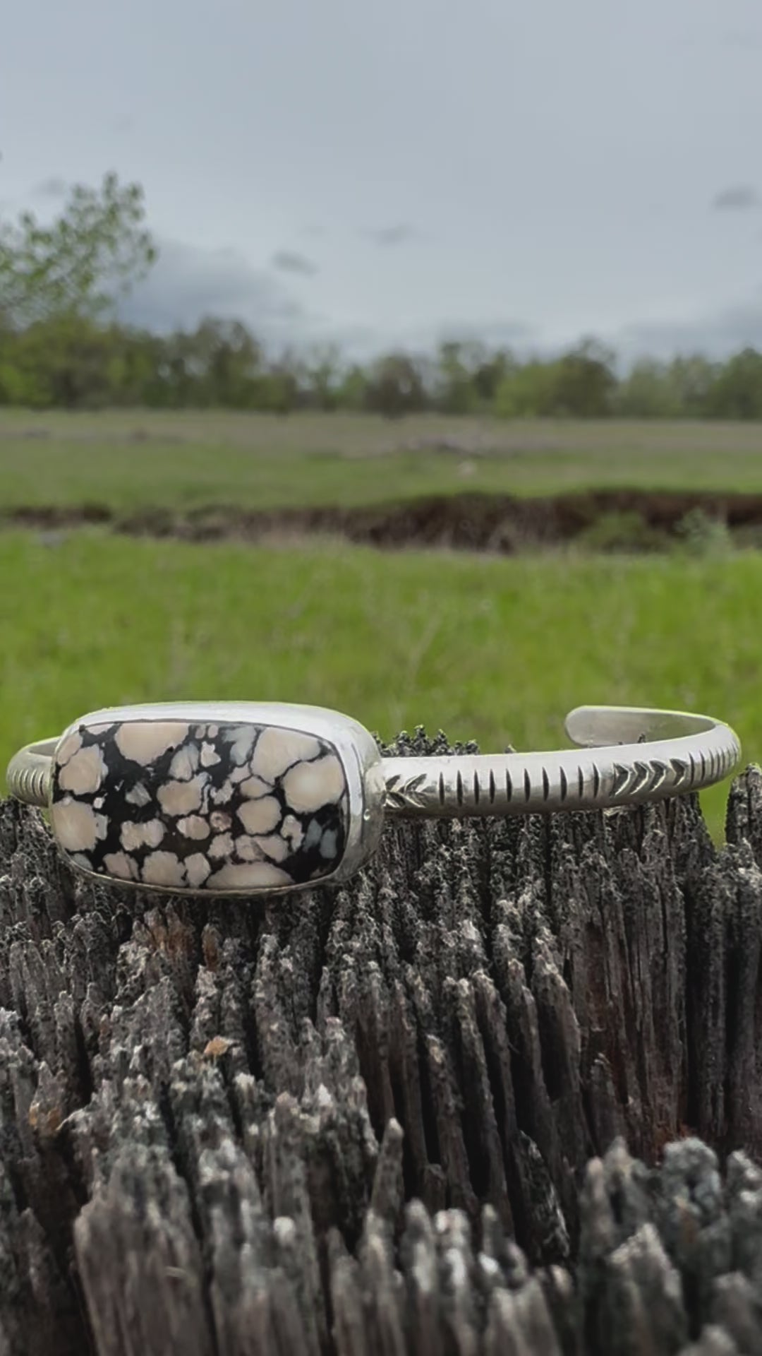 Stamped Sterling Stacker cuff with Dolamite stone