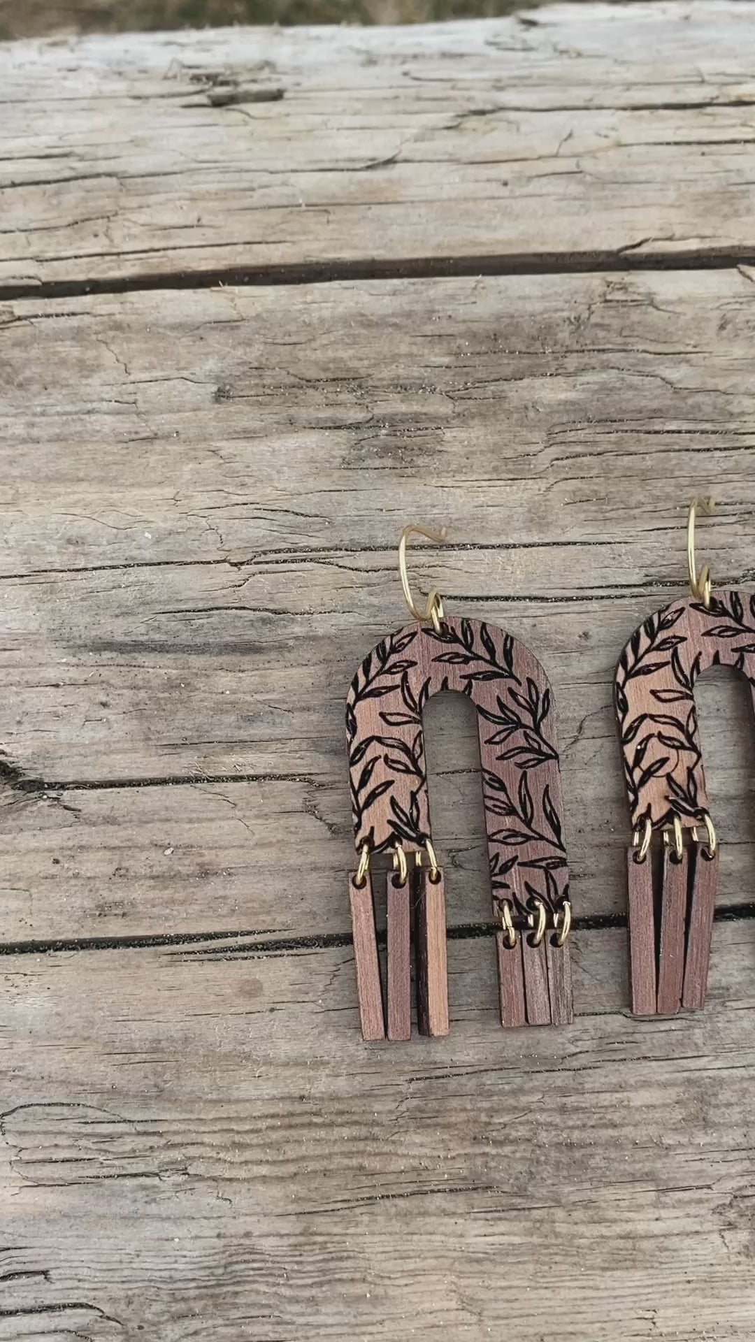 Arches and Fringe Floral earrings in Walnut wood with brass