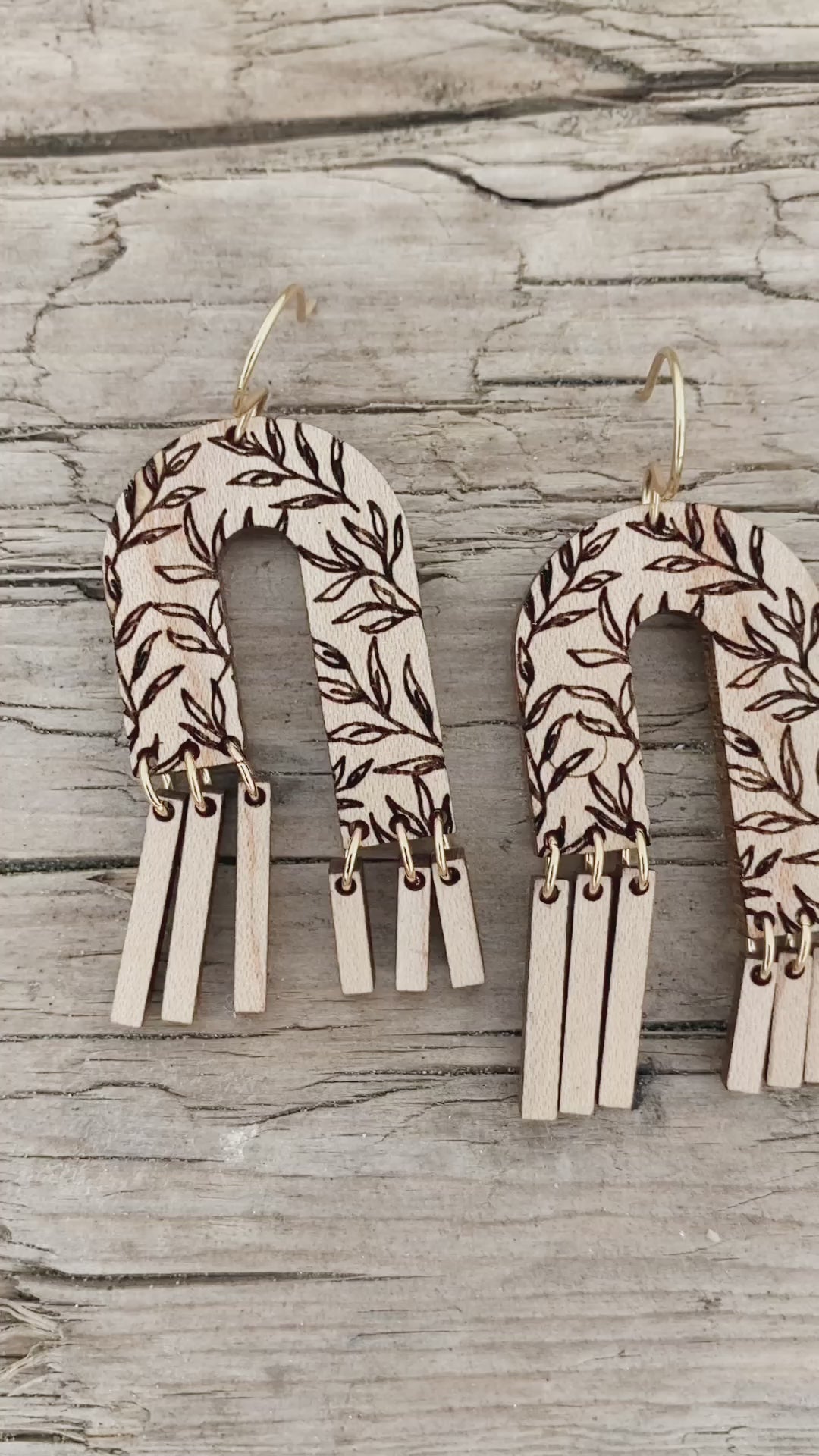 Arches and Fringe Floral earrings in Maple wood with brass