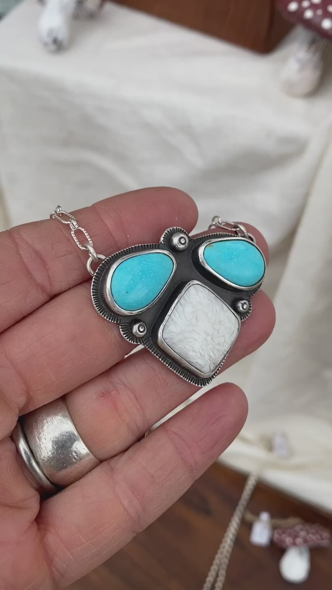 Triple Stone Necklace with Scolecite and Kingman turquoise stones