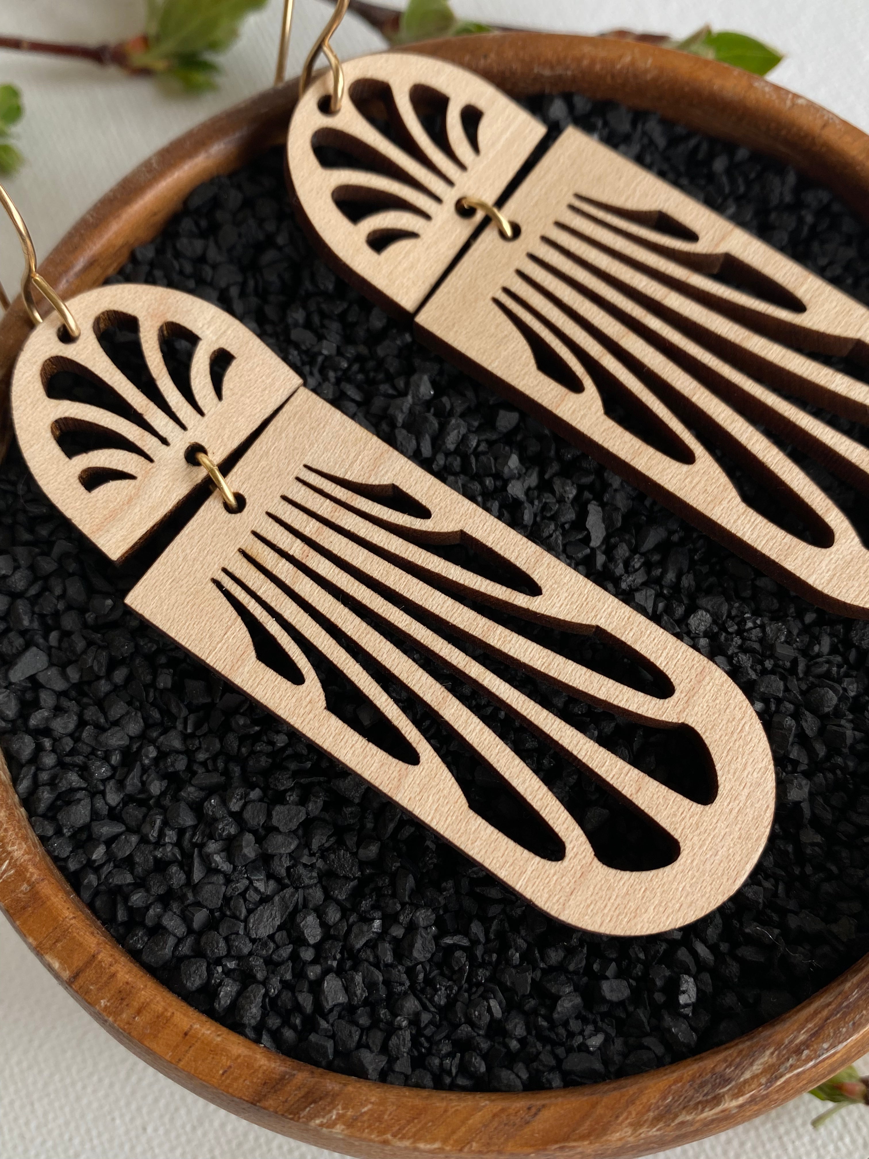 Erté Reflecting Arches Earrings in Maple wood with brass