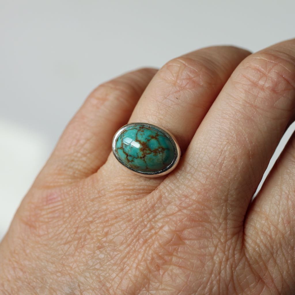 Simple, Stamped, Sterling ring with Timberline Turquoise size US 6