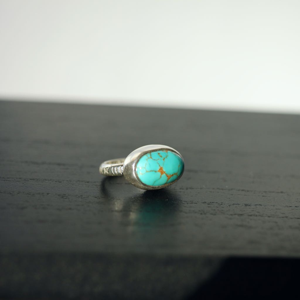 Simple, Stamped, Sterling ring with Timberline Turquoise size US 4 3/4