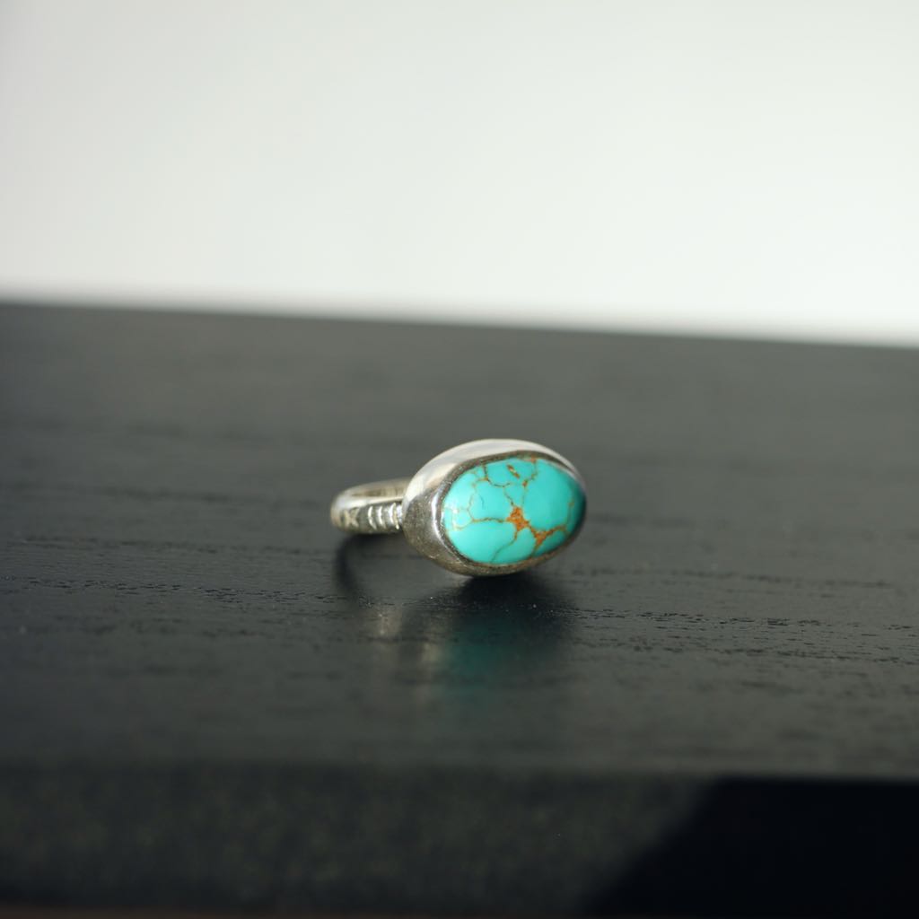 Simple, Stamped, Sterling ring with Timberline Turquoise size US 4 3/4