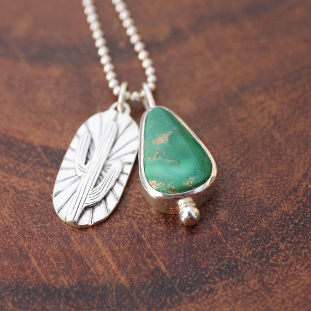 Saguaro charm necklace in Sterling silver with Emerarld Valley Turquoise