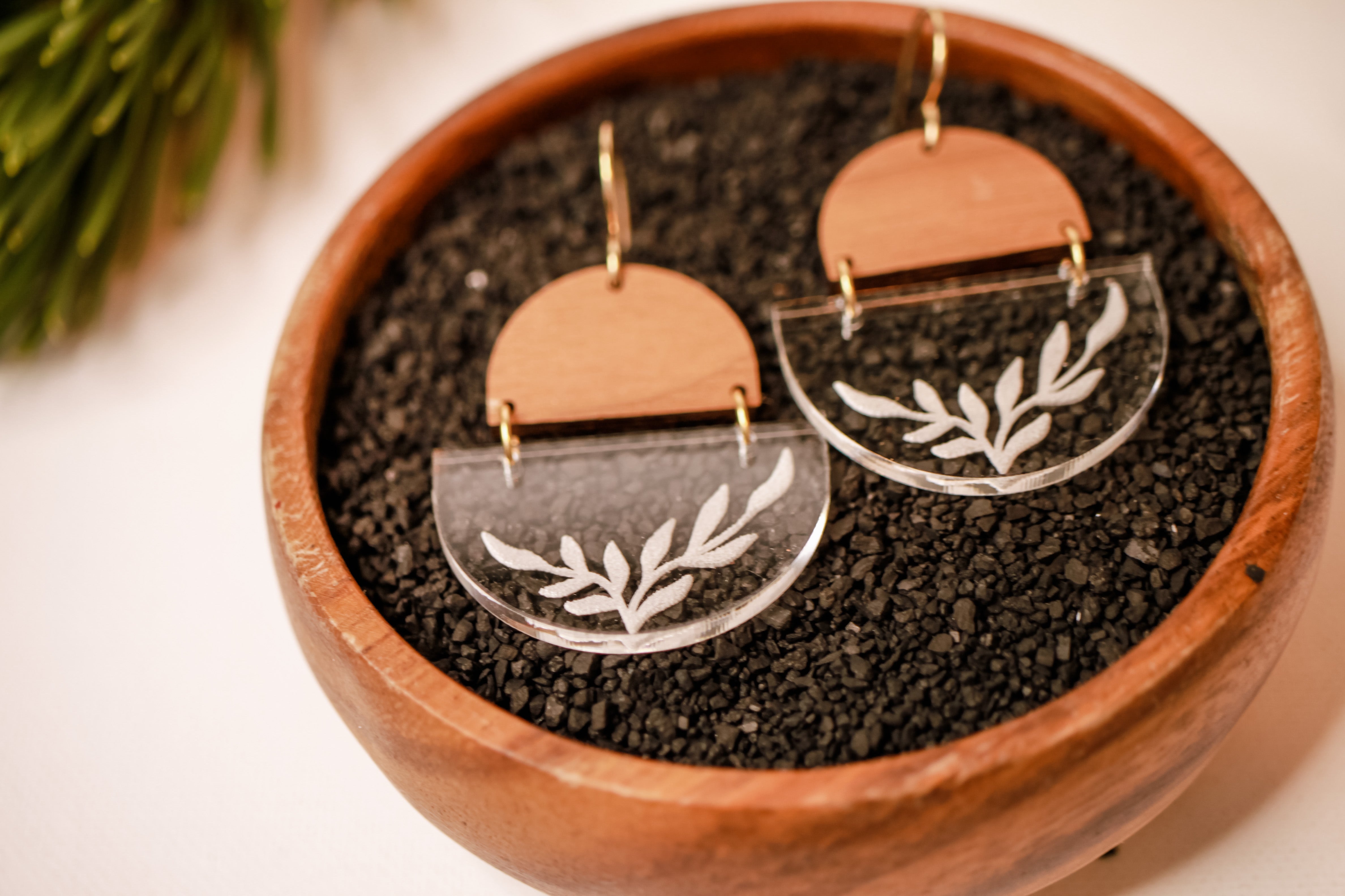 Buds and Branches wood & acrylic floral earrings in walnut wood and clear acrylic with brass and gold fill