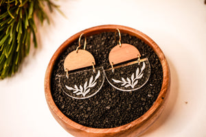 Buds and Branches wood & acrylic floral earrings in walnut wood and clear acrylic with brass and gold fill