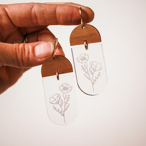 Wood & Acrylic Poppy earrings in walnut wood and clear acrylic with brass