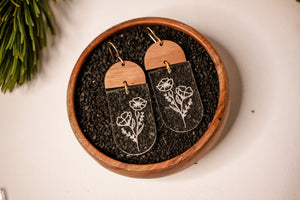 Wood & Acrylic Poppy earrings in walnut wood and clear acrylic with brass