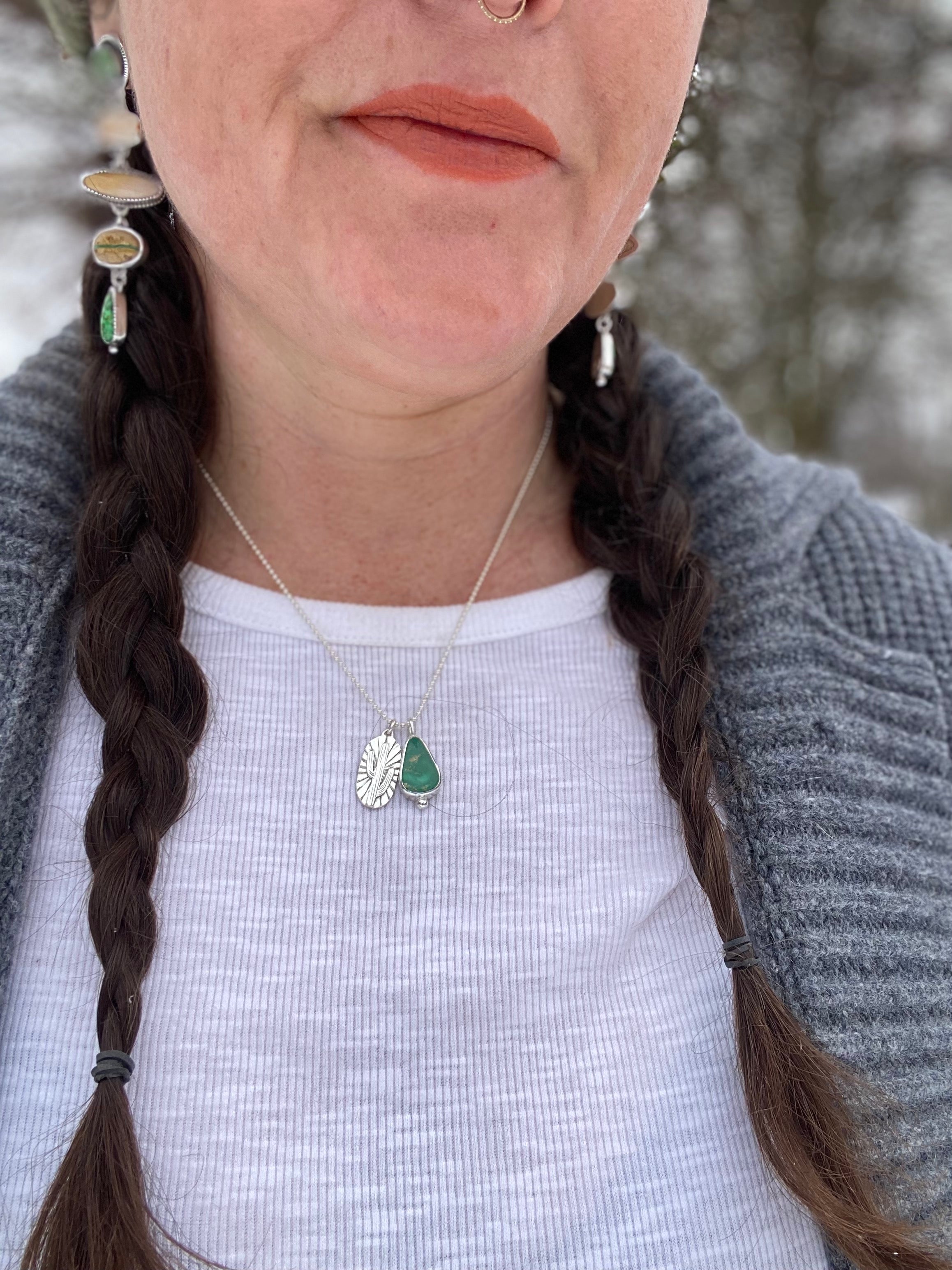 Saguaro charm necklace in Sterling silver with Emerarld Valley Turquoise