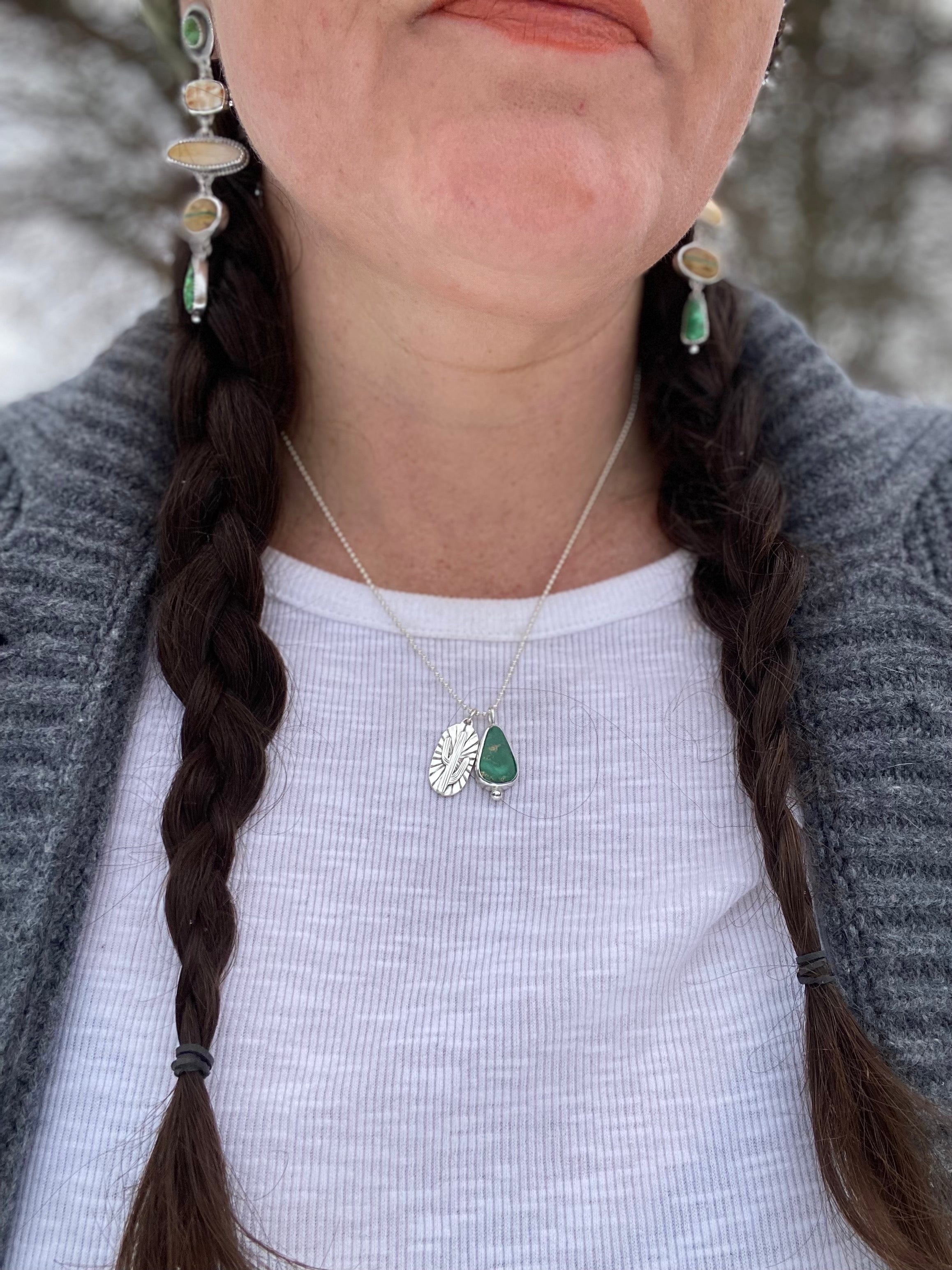 Saguaro charm necklace in Sterling silver with Emerarld Valley Turquoise